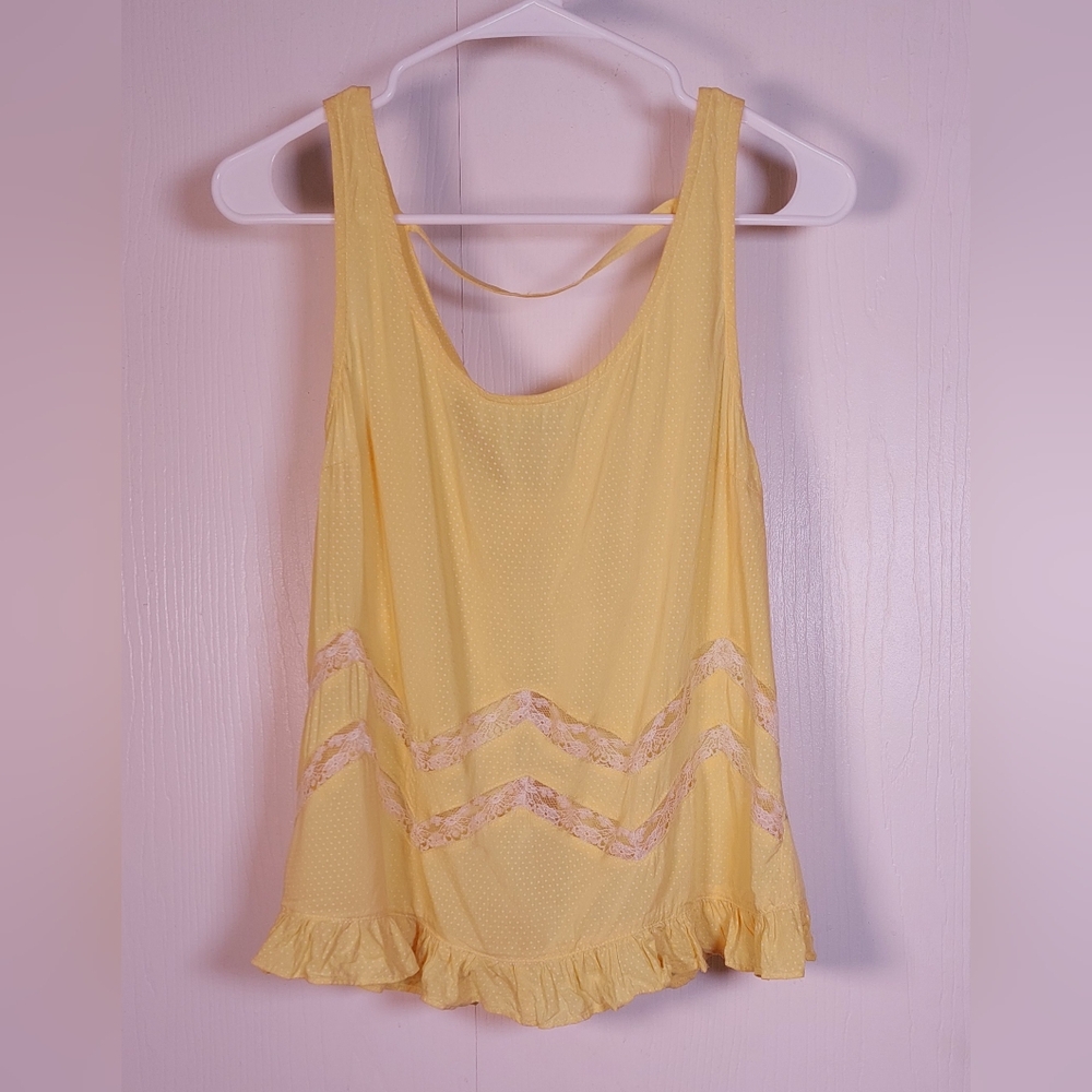 Mustard Seed Yellow Lace Ruffle Halter Top Size Medium Polka Dot Babydoll Retro